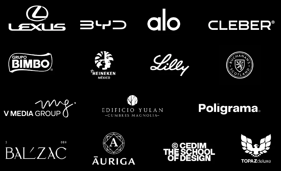 Logos de clientes: Lexus, BYD, alo, Cleber, Grupo Bimbo, Heineken México, Lilly, Buchanan’s, V Media Group, Edificio Yulan, Poligrama, Balzac, Auriga, CEDIM y Topaz Deluxe