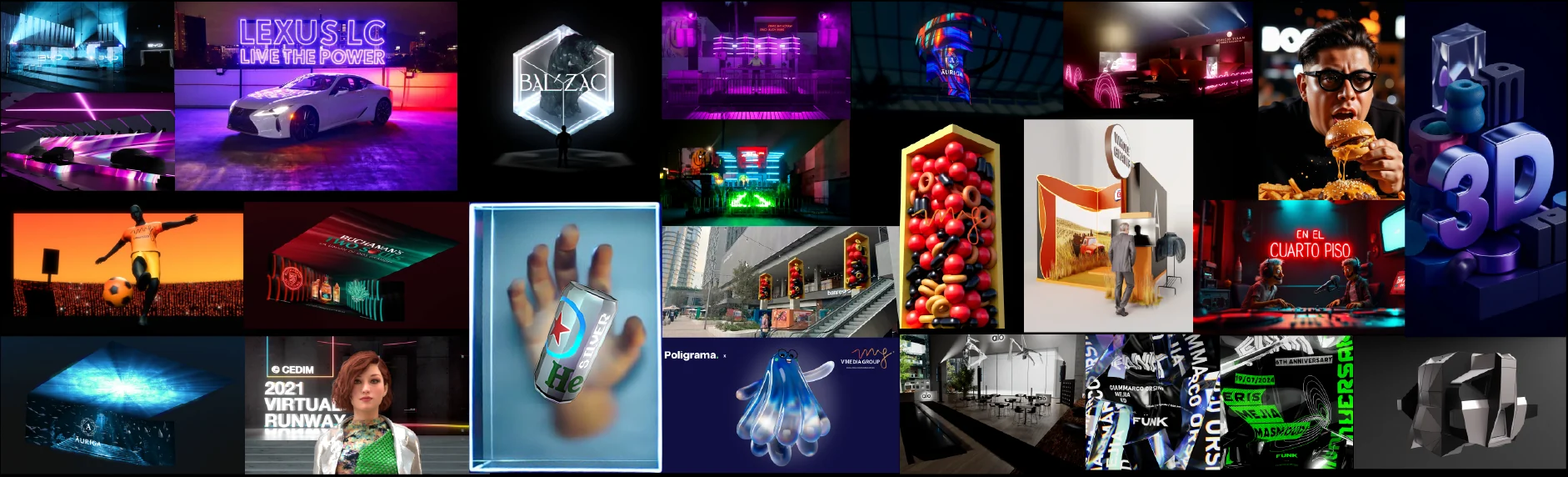 Collage de proyectos de Binario Studio: eventos, videomapping, 3D e interactivos